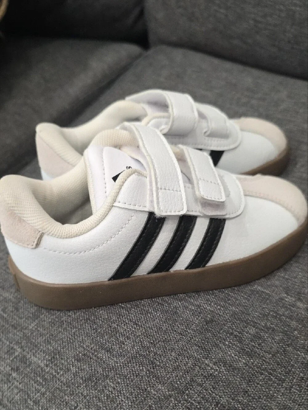 adidas Kids White and Black Velcro Sneakers with Gum Sole